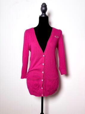 Vtg Y2K Hollister Fine Knit Hot Pink Cotton Button Up Cardigan Size S